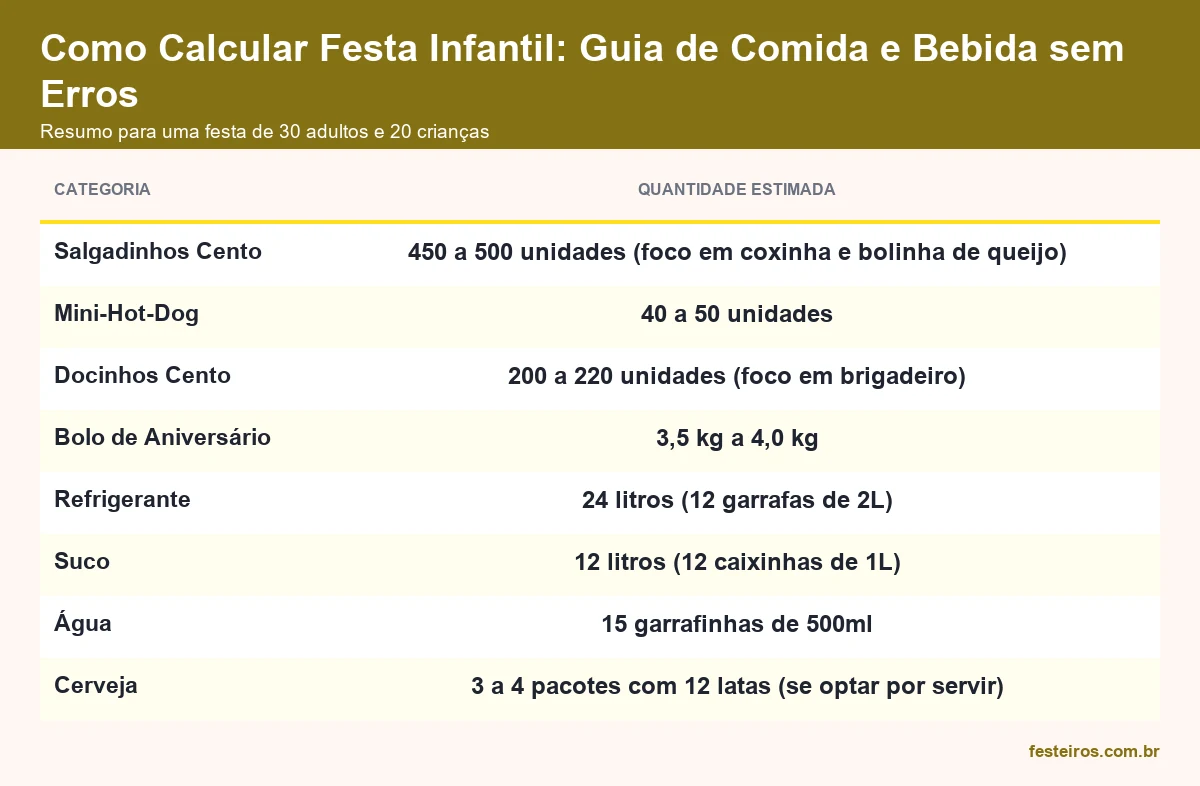 Quadro resumo de comida e bebida para festa infantil com 30 adultos e 20 crianças