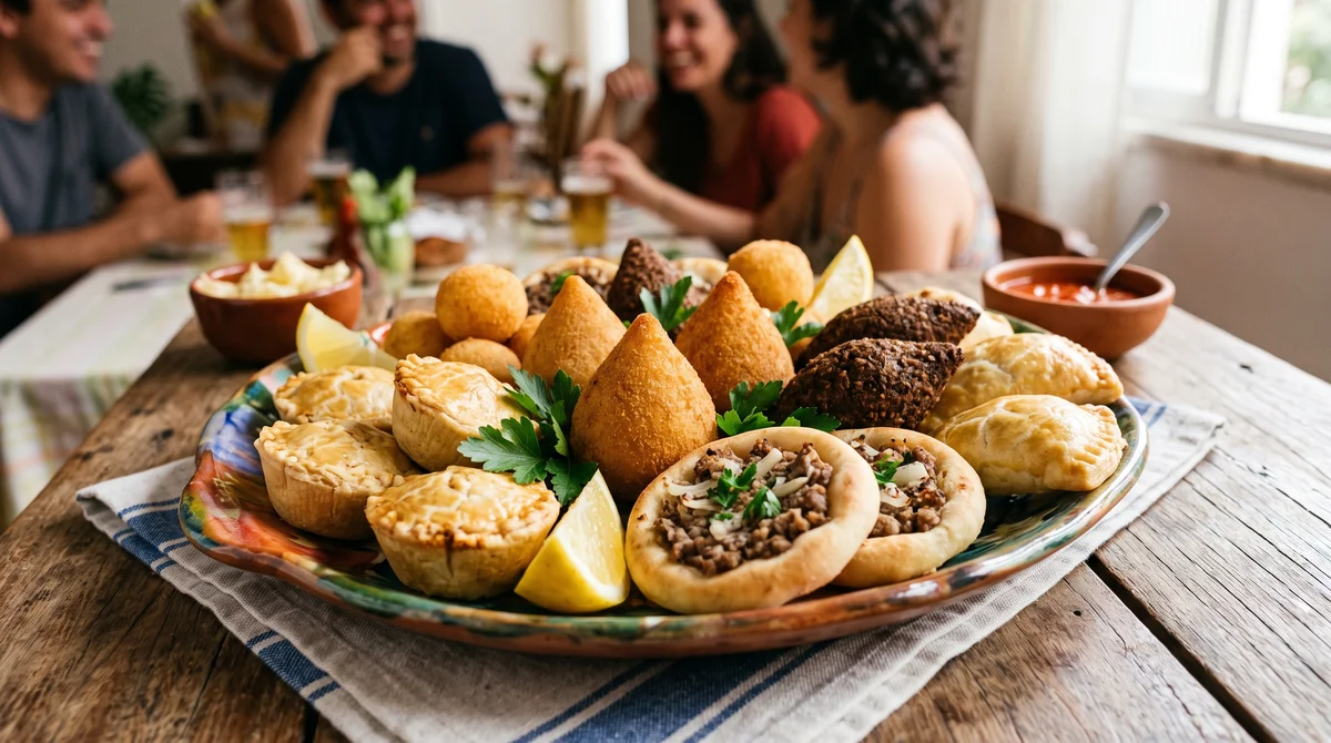 Prato variado com salgados fritos e assados para festa