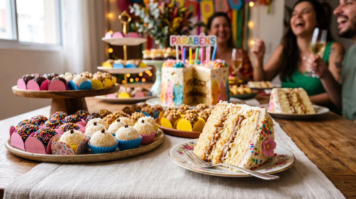 Mesa de doces com brigadeiros, beijinhos e fatia de bolo servida