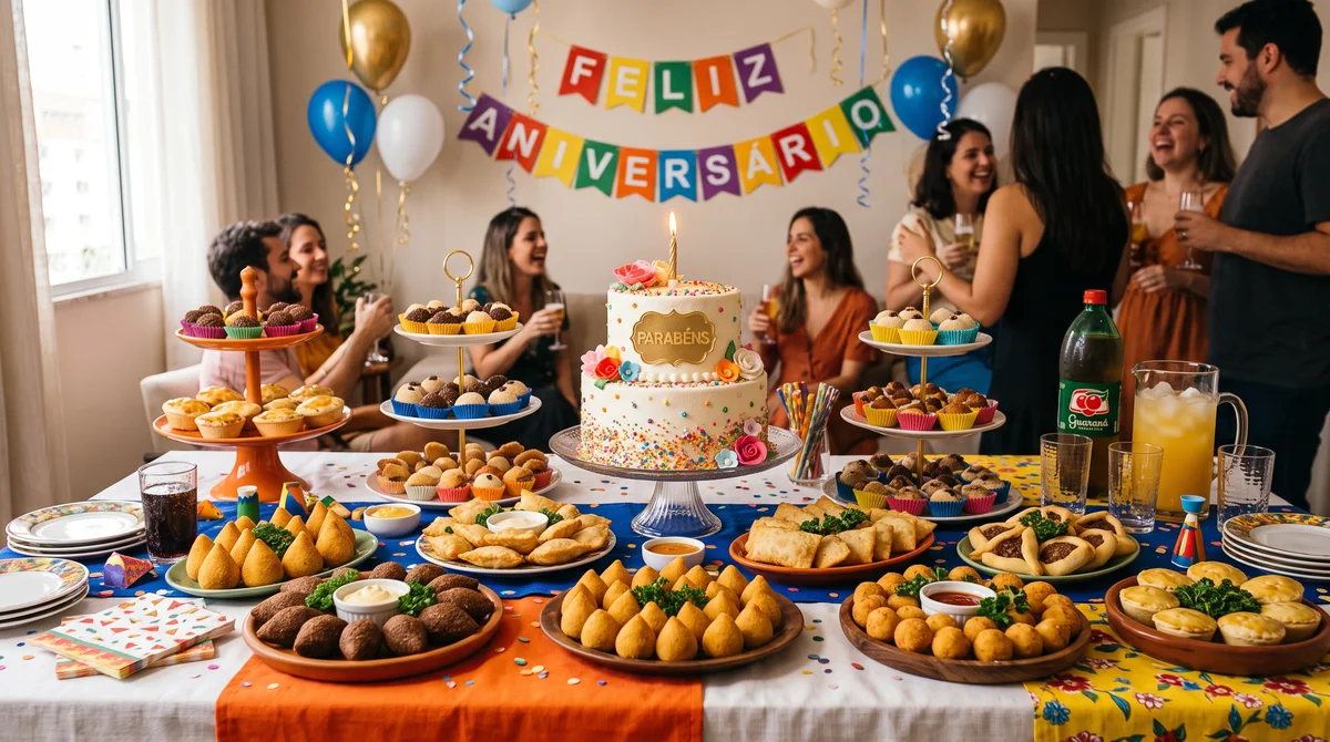 Mesa completa de festa com salgadinhos sortidos, doces e bolo decorado