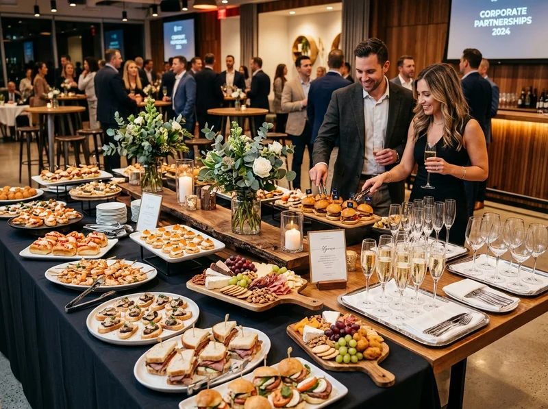 Buffet americano corporativo com pratos de salgados e taças dispostas