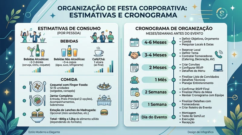 Tabela visual com estimativa de consumo e cronograma de organização de festa da firma