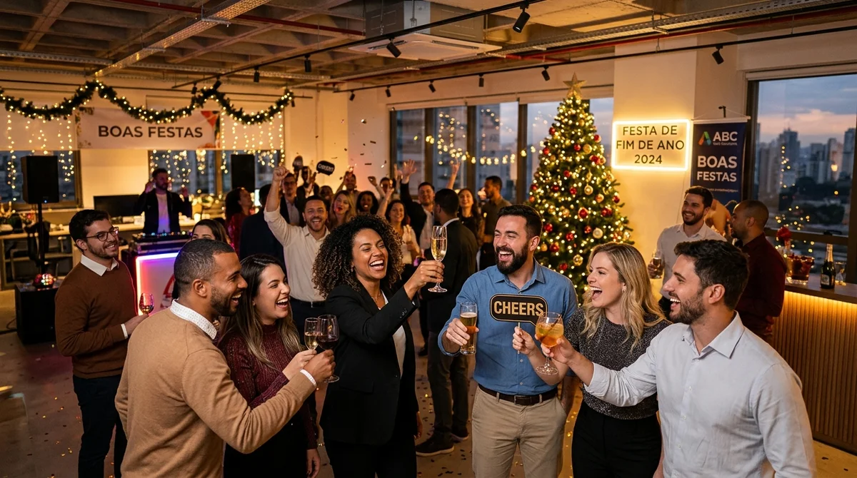Colaboradores comemorando em ambiente corporativo decorado e iluminado