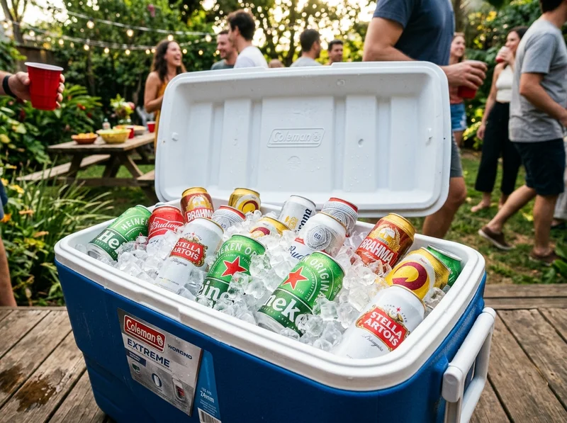 Cooler térmico cheio de latas de cerveja cobertas com gelo picado