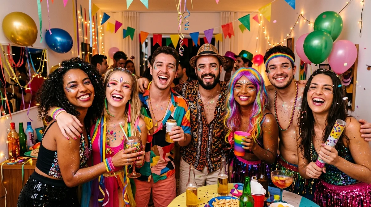 Amigos fantasiados e com glitter sorrindo no esquenta de Carnaval