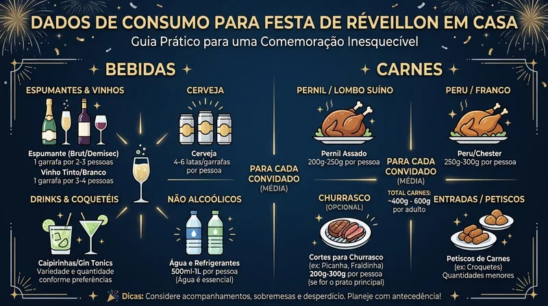 Tabela visual com estimativa de consumo de espumantes, cervejas e carnes para o Réveillon