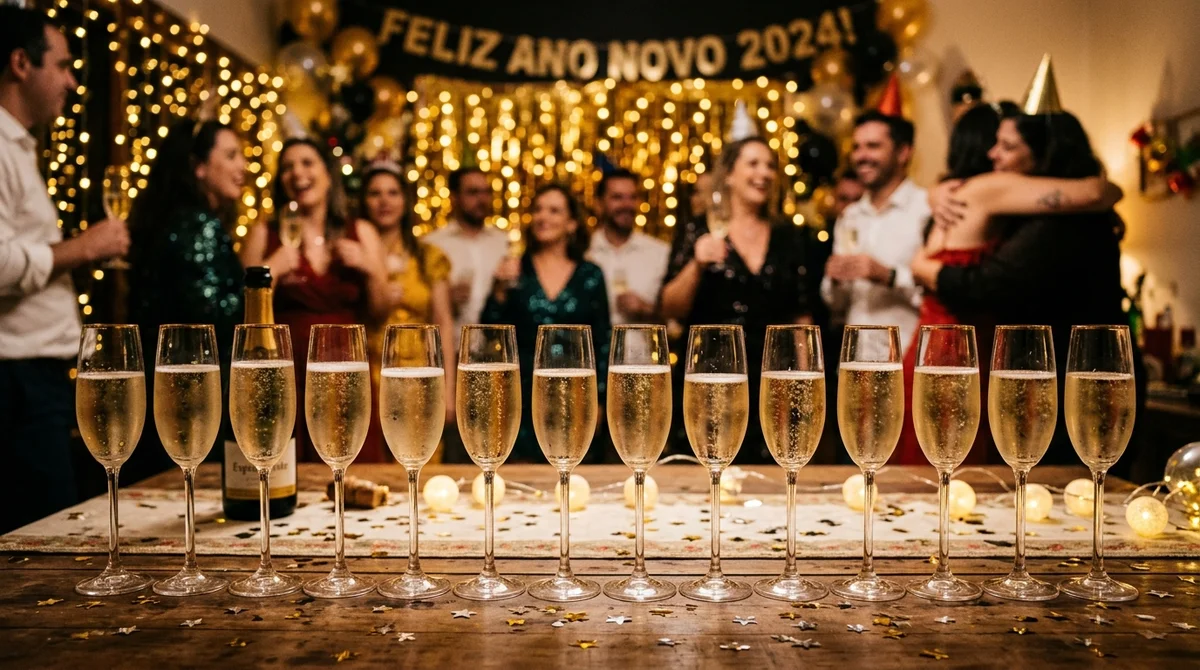 Taças de espumante alinhadas com luzes douradas ao fundo na noite de Réveillon