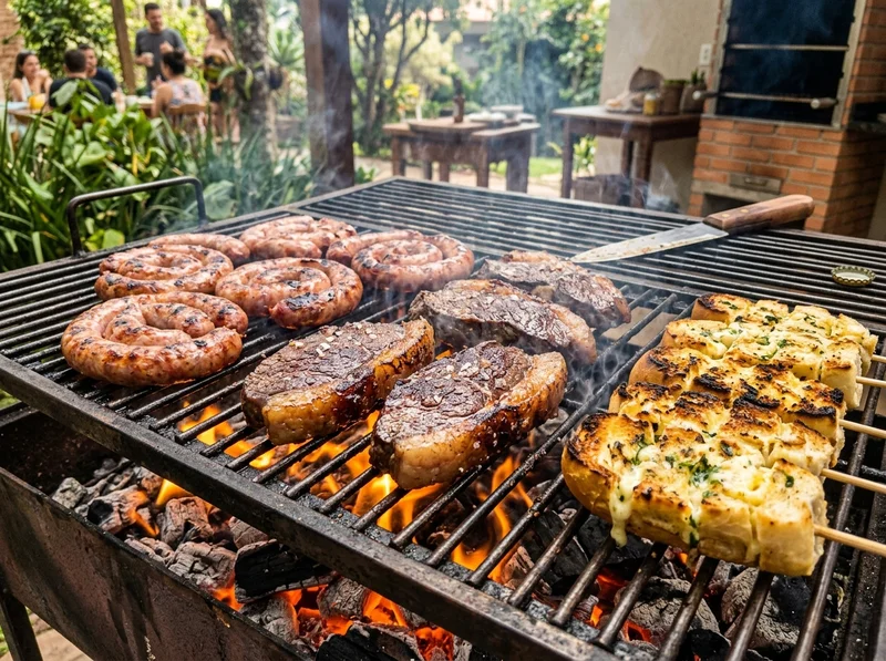 Grelha repleta de picanha, linguiça e pães de alho assando no braseiro