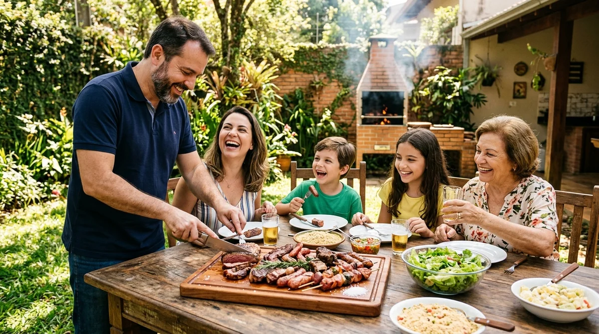 Família feliz reunida ao redor de uma mesa com tábua de churrasco